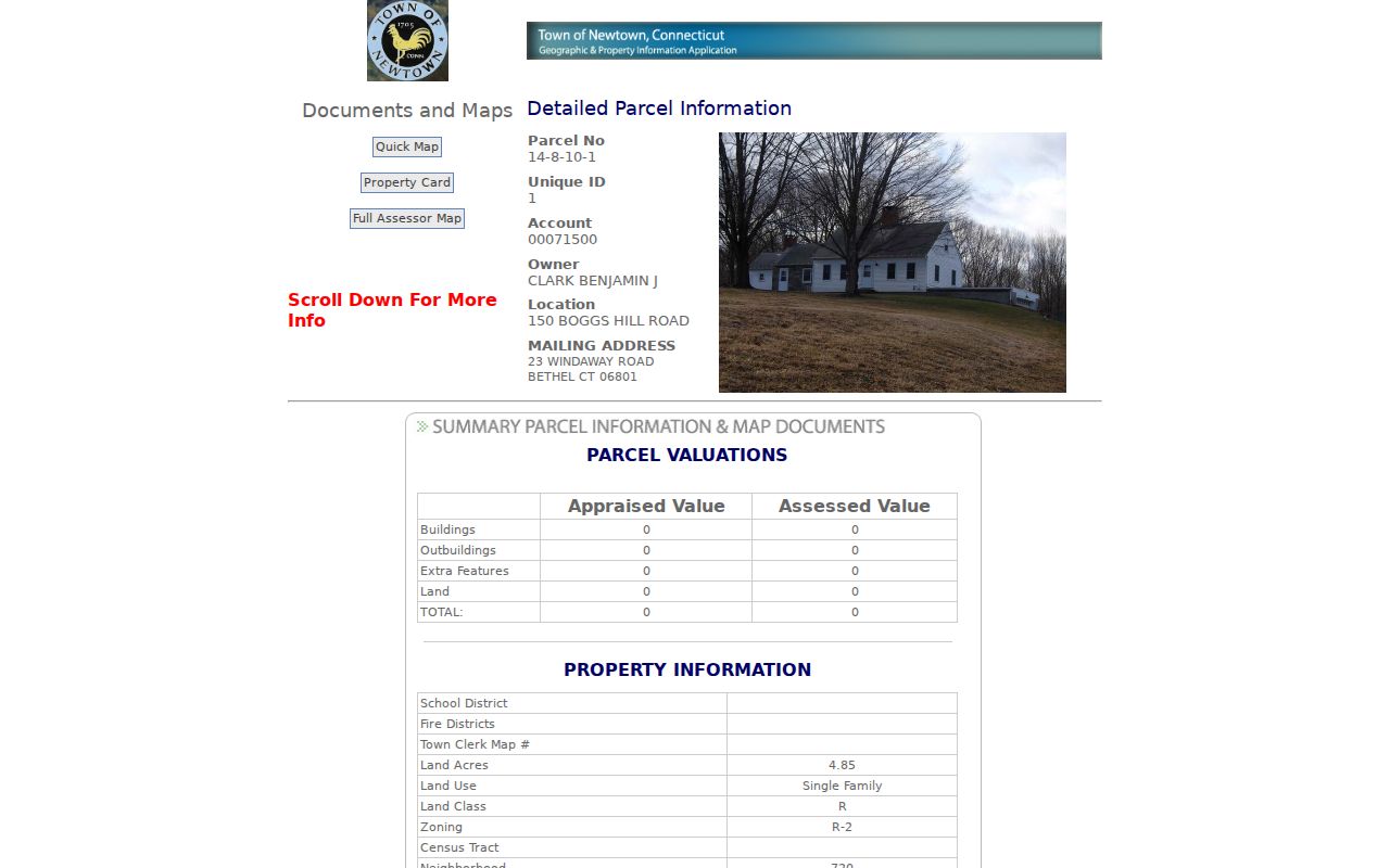 Newtown neighbors GIS parcel detail with owner, MBL, situs, and land fields