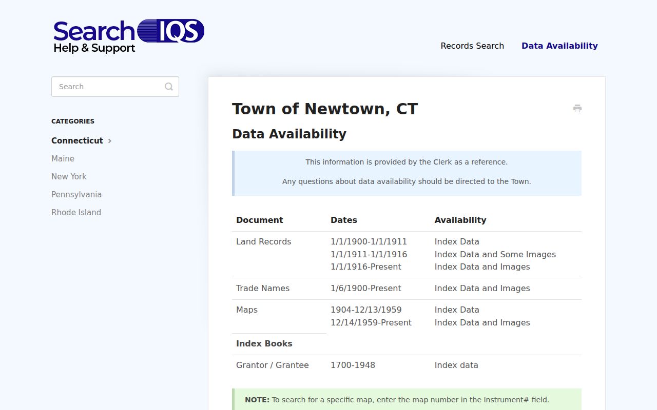 Newtown previous residents SearchIQS grantor grantee coverage help