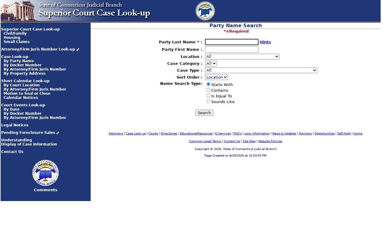 Newtown resident lookup, Connecticut Civil Inquiry party search fields