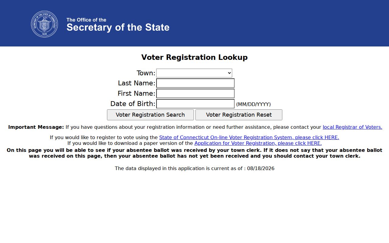 Newtown resident lookup, Connecticut Secretary of the State voter registration lookup