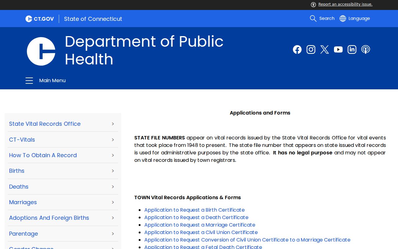 Newtown resident lookup, Connecticut DPH vital records applications and forms